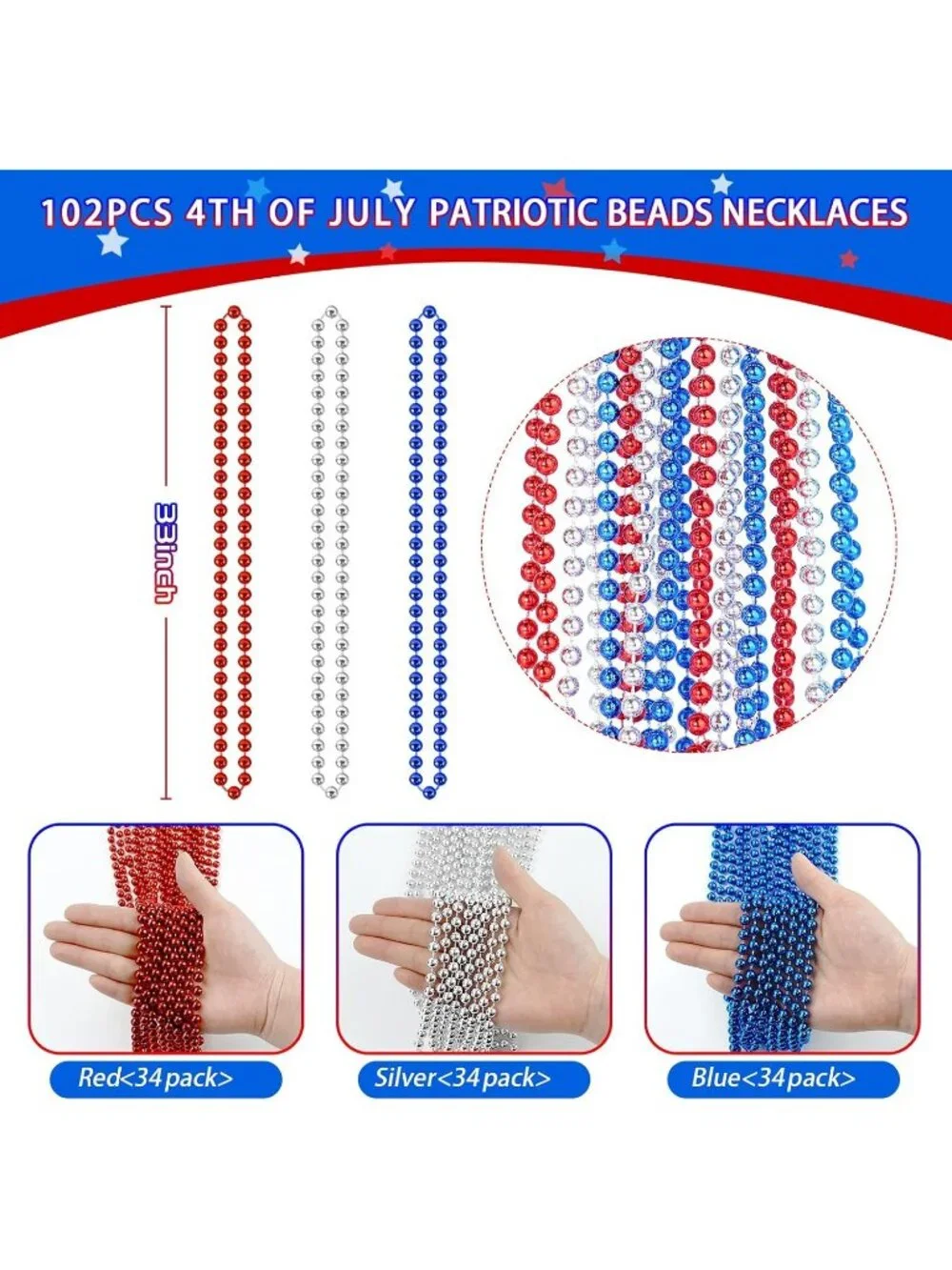 100PCS Patriotic Red White Blue Bead Necklaces 33